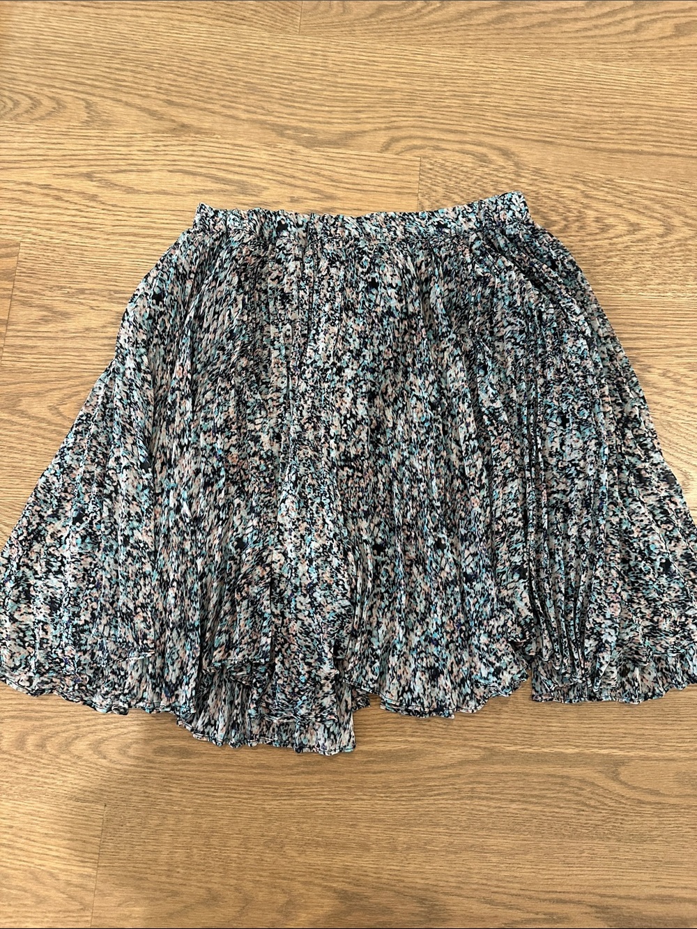 Club Monaco Floral-Print Pleated Skater Skirt in Black, Teal, and Cream